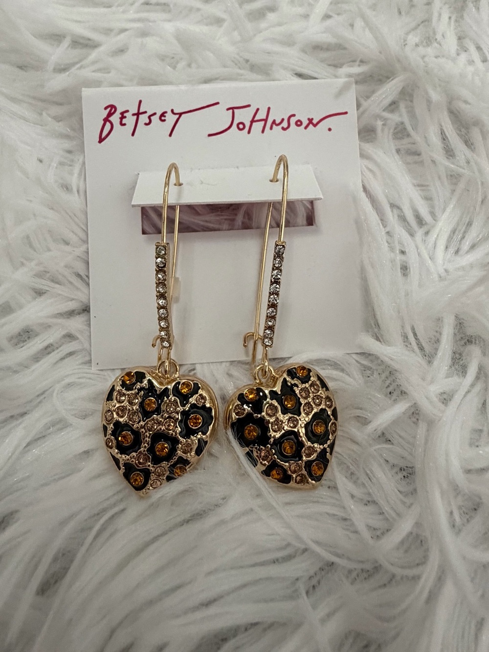 Betsey Johnson Gold Heart Drop Earrings with Black & Amber Accents